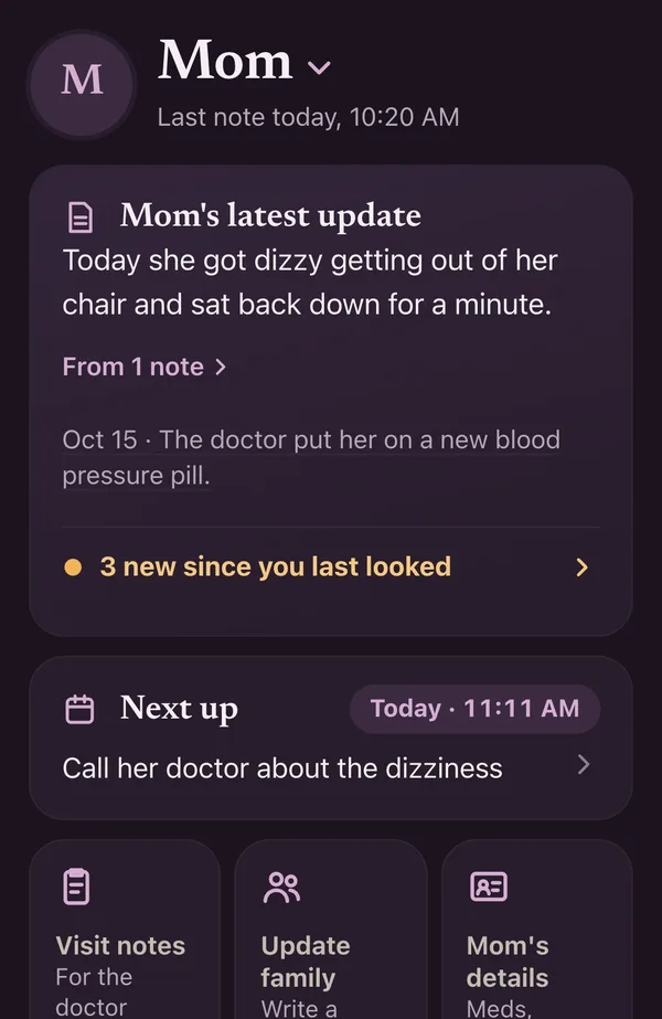 Centis showing Mom's latest update: she got dizzy getting out of her chair today, with the date the doctor started a new blood pressure pill, and next up, calling her doctor about the dizziness.